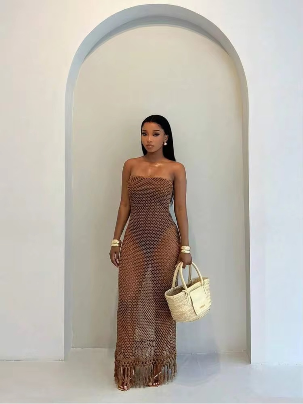 NEW Women’s Brown Strapless Crochet Mesh Tassel Maxi Cover Up Dress Size M